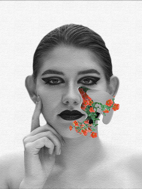 Woman with flowers coming out of face