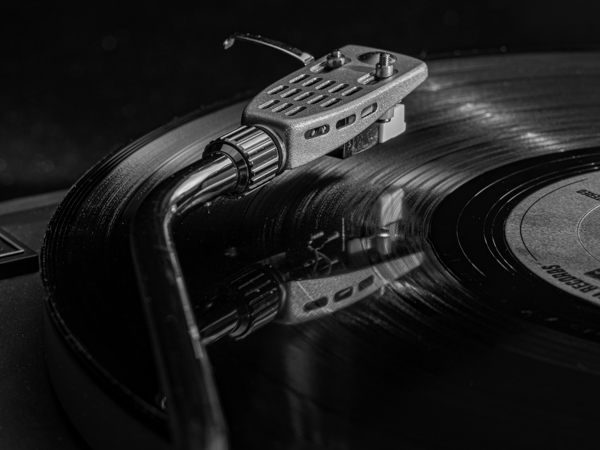 Record player still life, Black and white photo